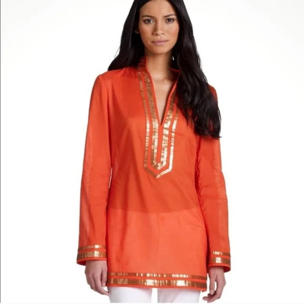 TORY BURCH Orange Tunic Gold Sequins V-Neck Resort wear